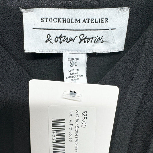 & Other Stories Asymmetrical Chiffon Pleated Black V Neck Tank Top Size 4