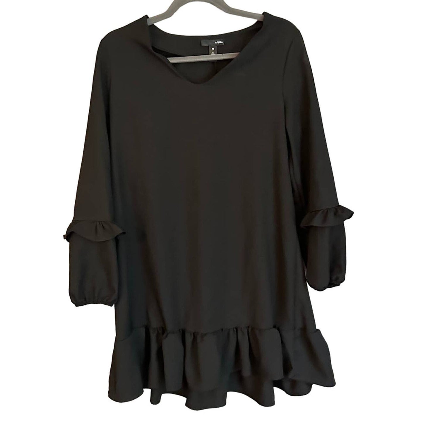 AQUA Dress Women Size Small Mini Black V Neck Ruffle Trim Long Sleeve Shift