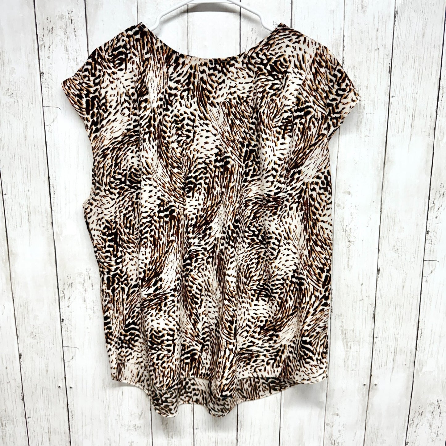 EXPRESS Blouse Women Size XL Abstract Animal Print Pleated Shoulder Top