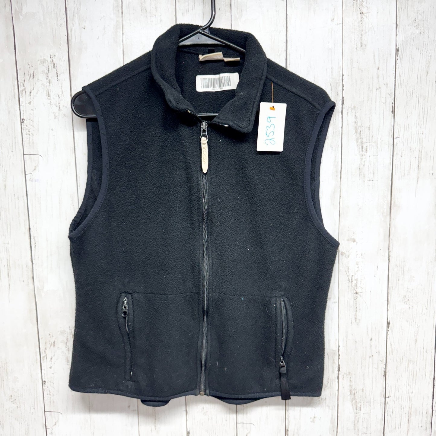 Woolrich Vest Women Size Large Black Fleece Collared Sleeveless Full Zip Pockets