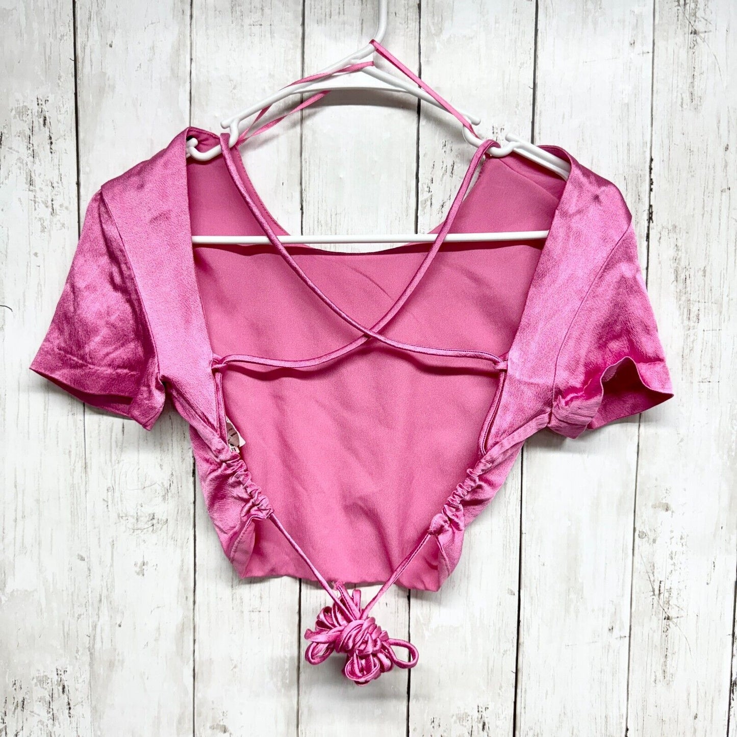 ZARA Top Women Size XS Cropped Satin Open Back Short Sleeve Pink Laced Summer