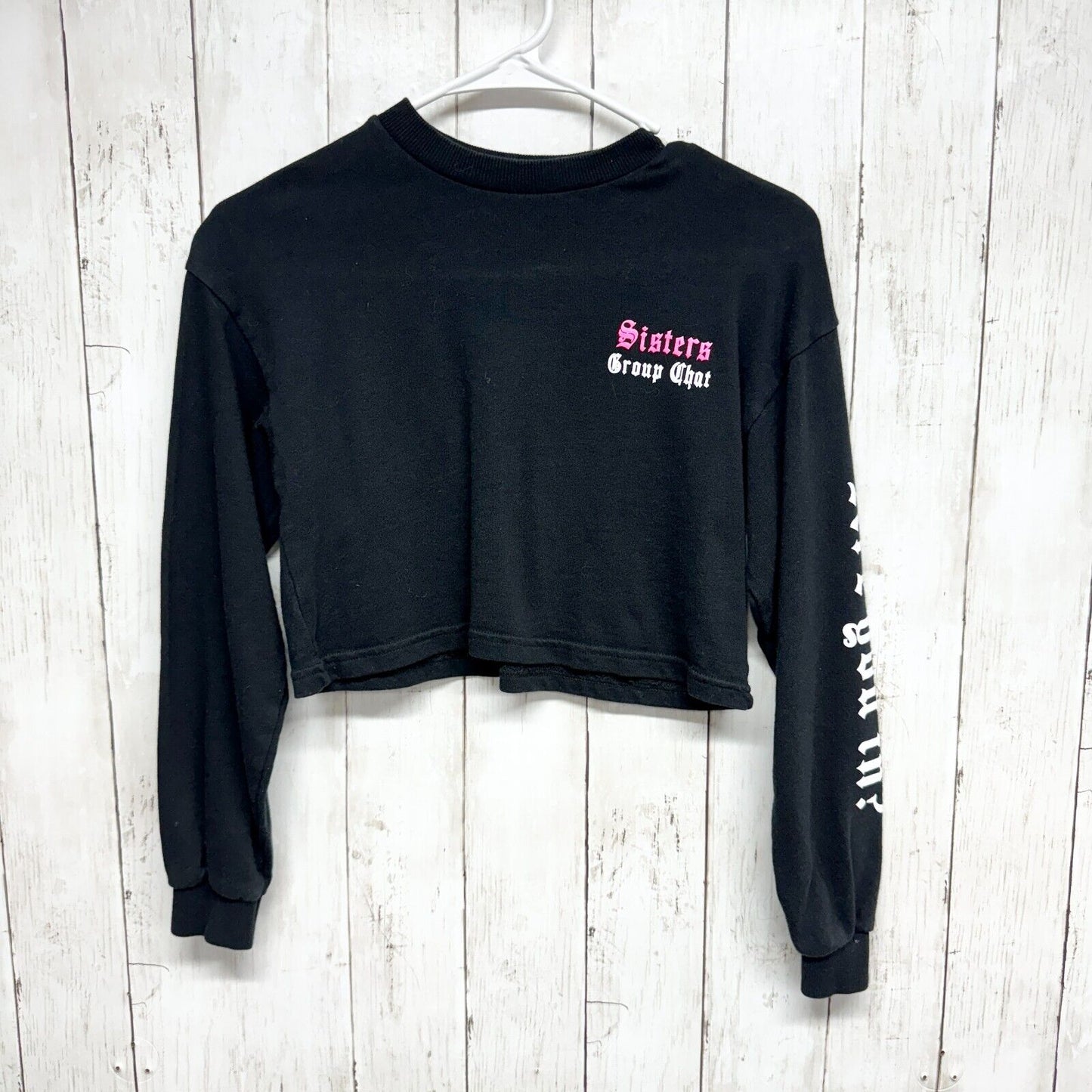 BERKSHKA Top Women Size XS Cropped Long Sleeve "Sister group Chat" Black