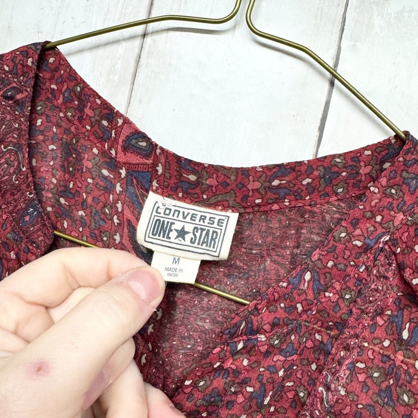 CONVERSE Top Women Size Medium Red Geometric Sheer Long Sleeve Button Close