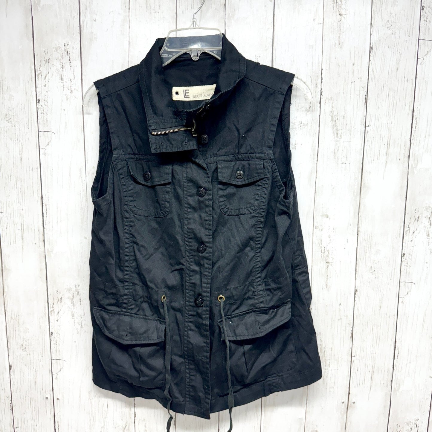 Elliot Lauren Vest Women Sz M Black Utility Zip Button Front Cinch Waist Pockets