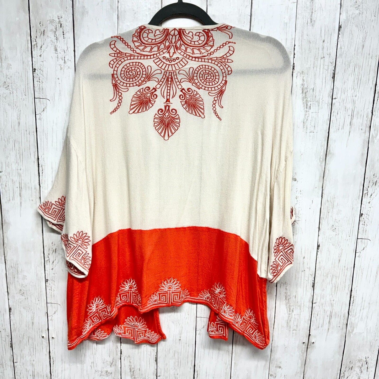 Soieblue Kimono Small Cream & Orange Embroidered Bohemian Duster Open Cardigan