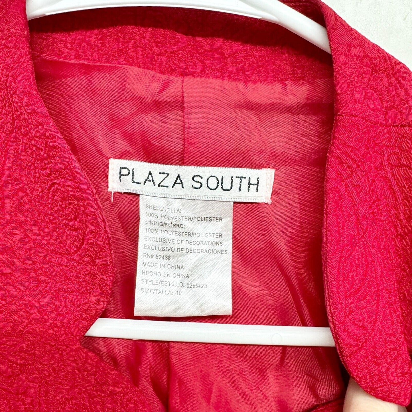 PLAZA SOUTH Blazer Women Size 10 Red Laced Trim Cuff Button Down Floral Padded