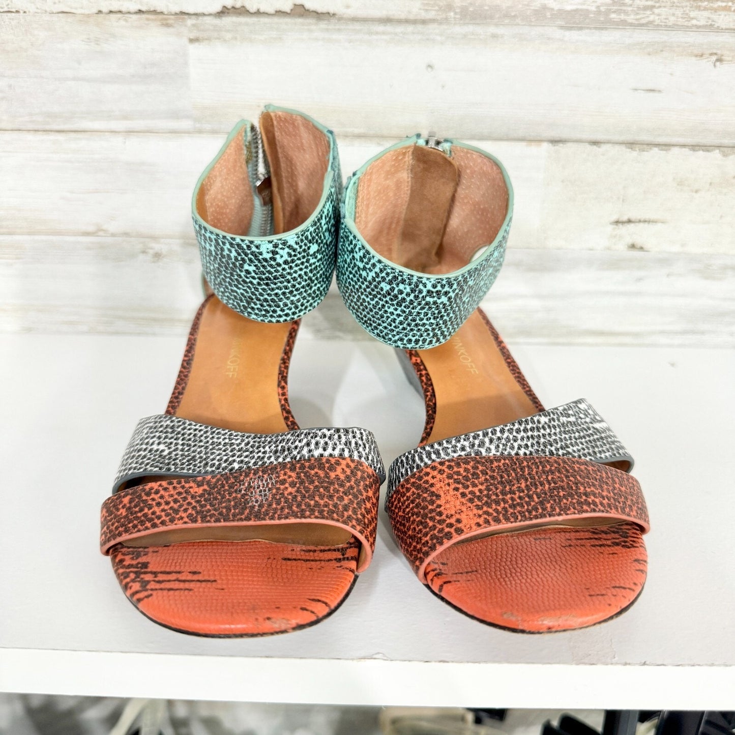 Rebecca Minkoff Sandals Women Size 9 Snakeskin "Lore" Demi-Wedge Multicolored