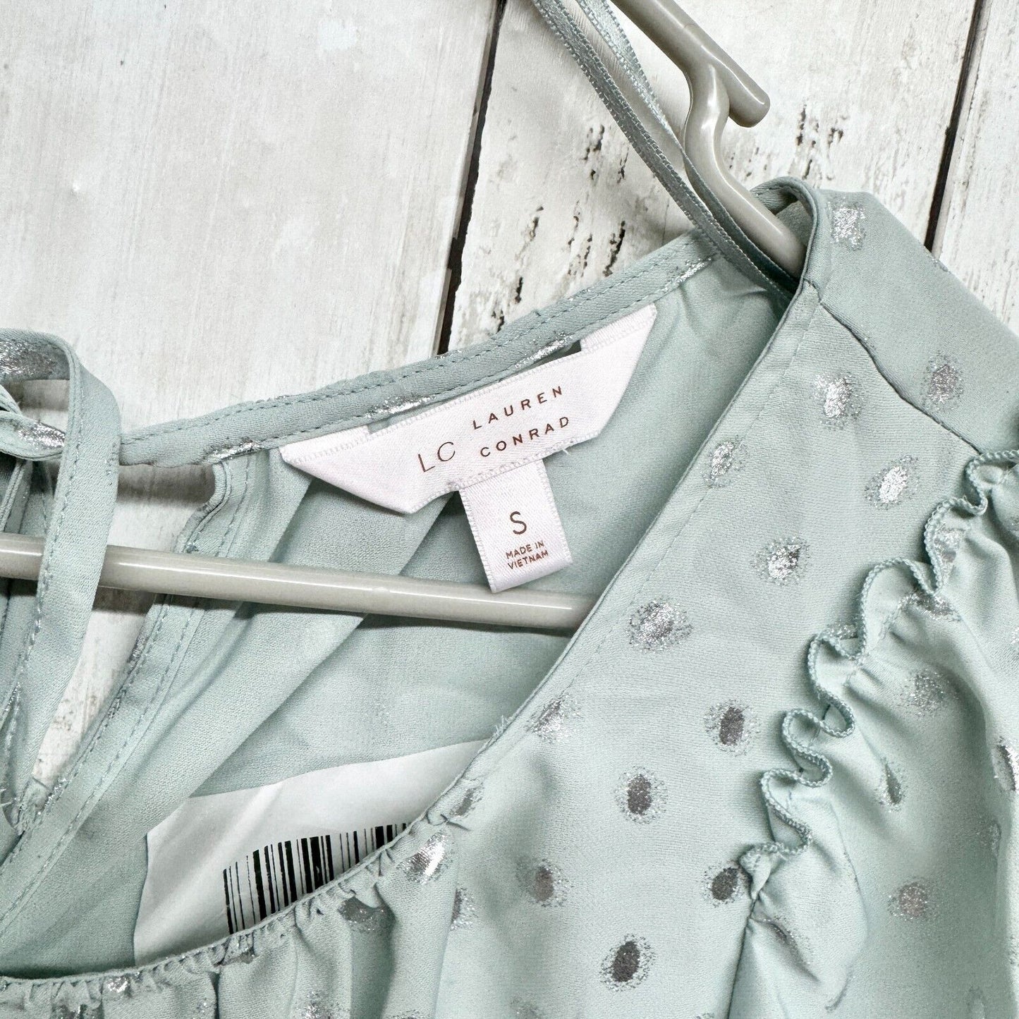 LAUREN CONRAD Blouse Women Size S Blue Curved Hem Short Sleeve Teal Sparkled Top