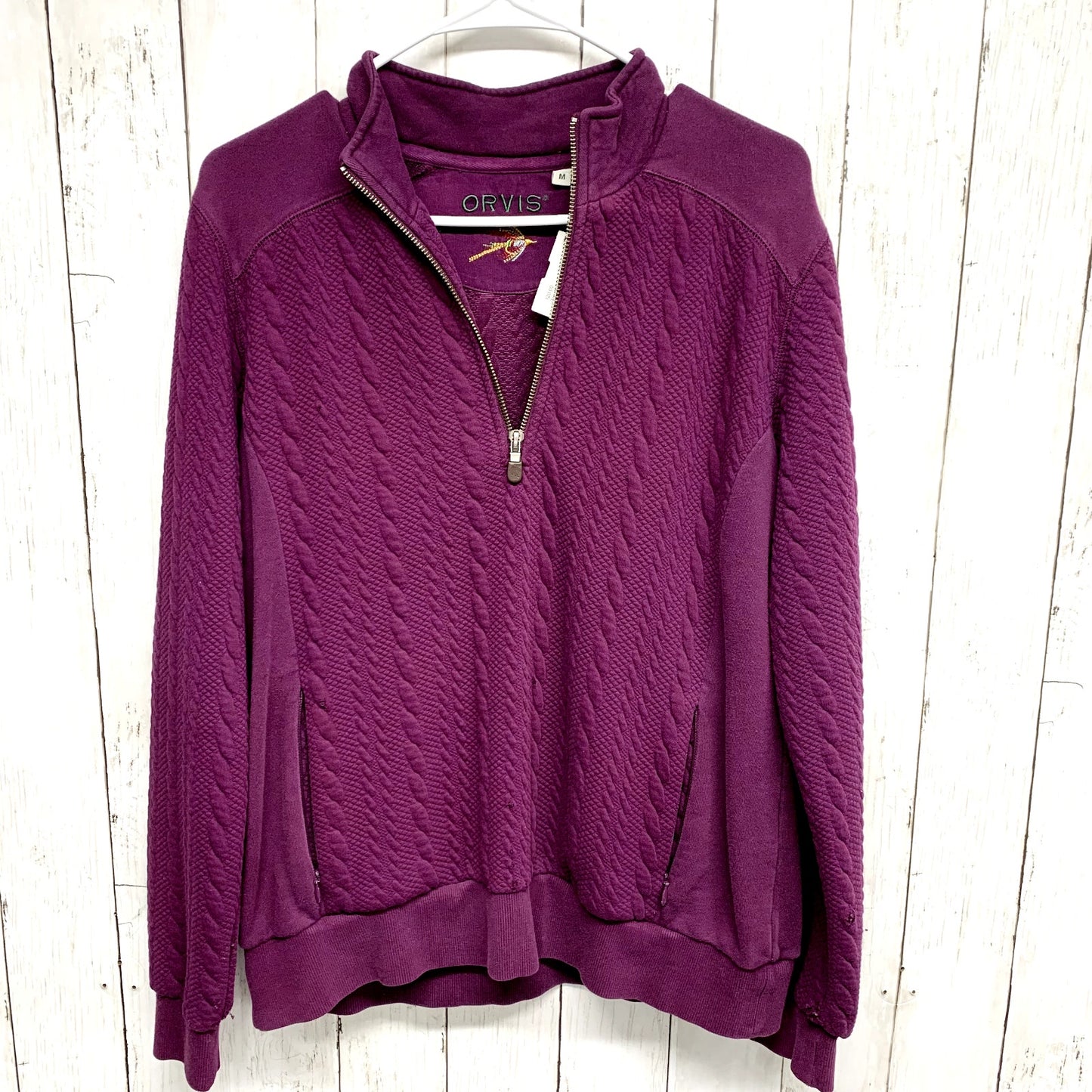 Orvis Sweater Women Size M 1/4 Zip Purple Long Sleeve High Collar Cotton Knit