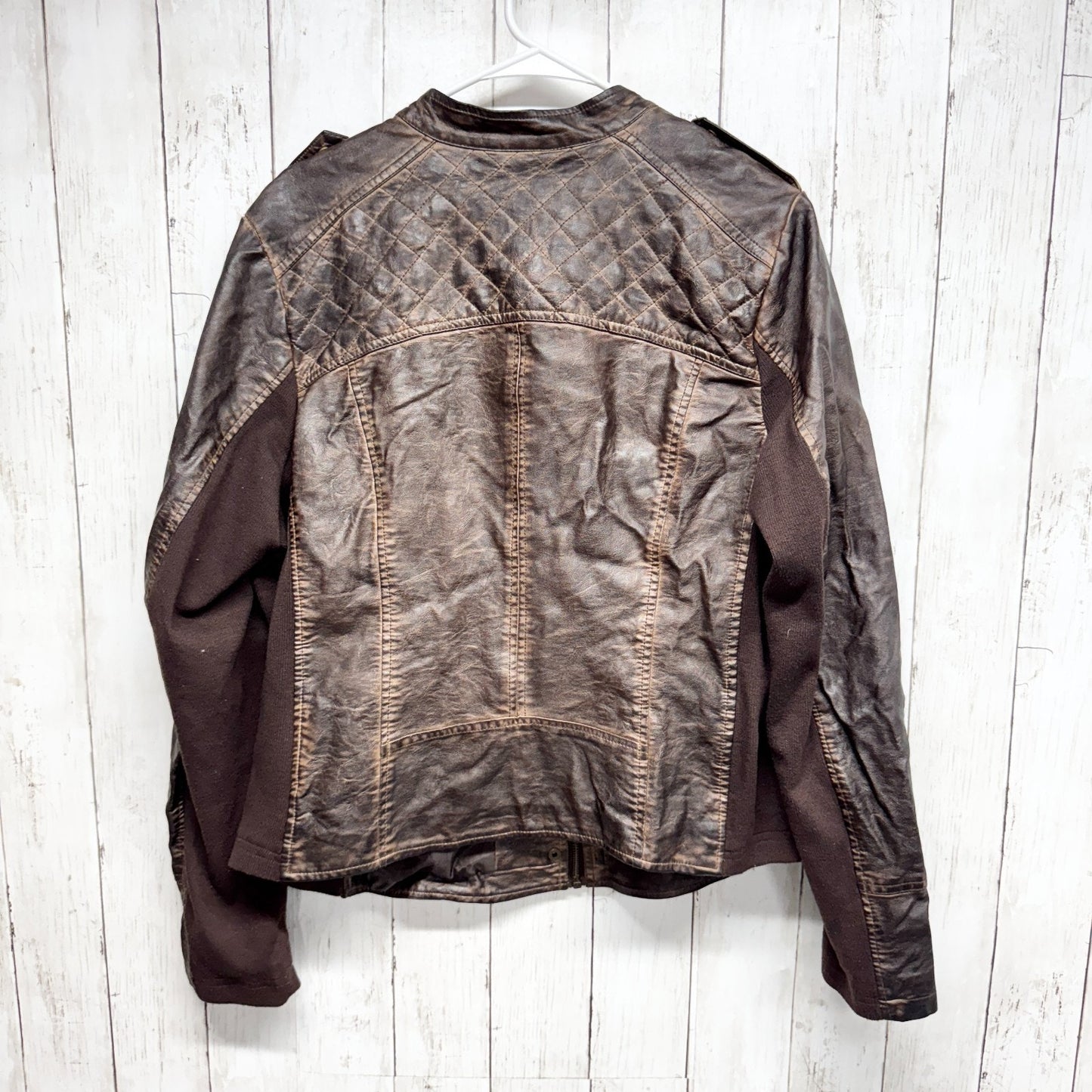 Maurices Jacket Women Size 2 Brown Distressed Faux Leather Quilted Bomber Grunge