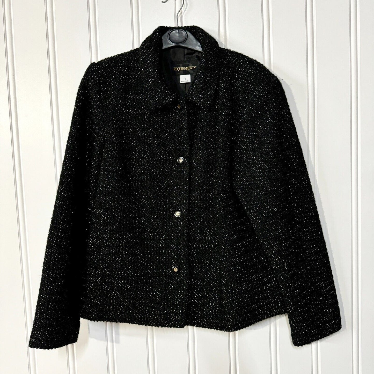 REQUIRMENTS Jacket Women Size 16 Black Woven Tweed Button Down Collared Acrylic