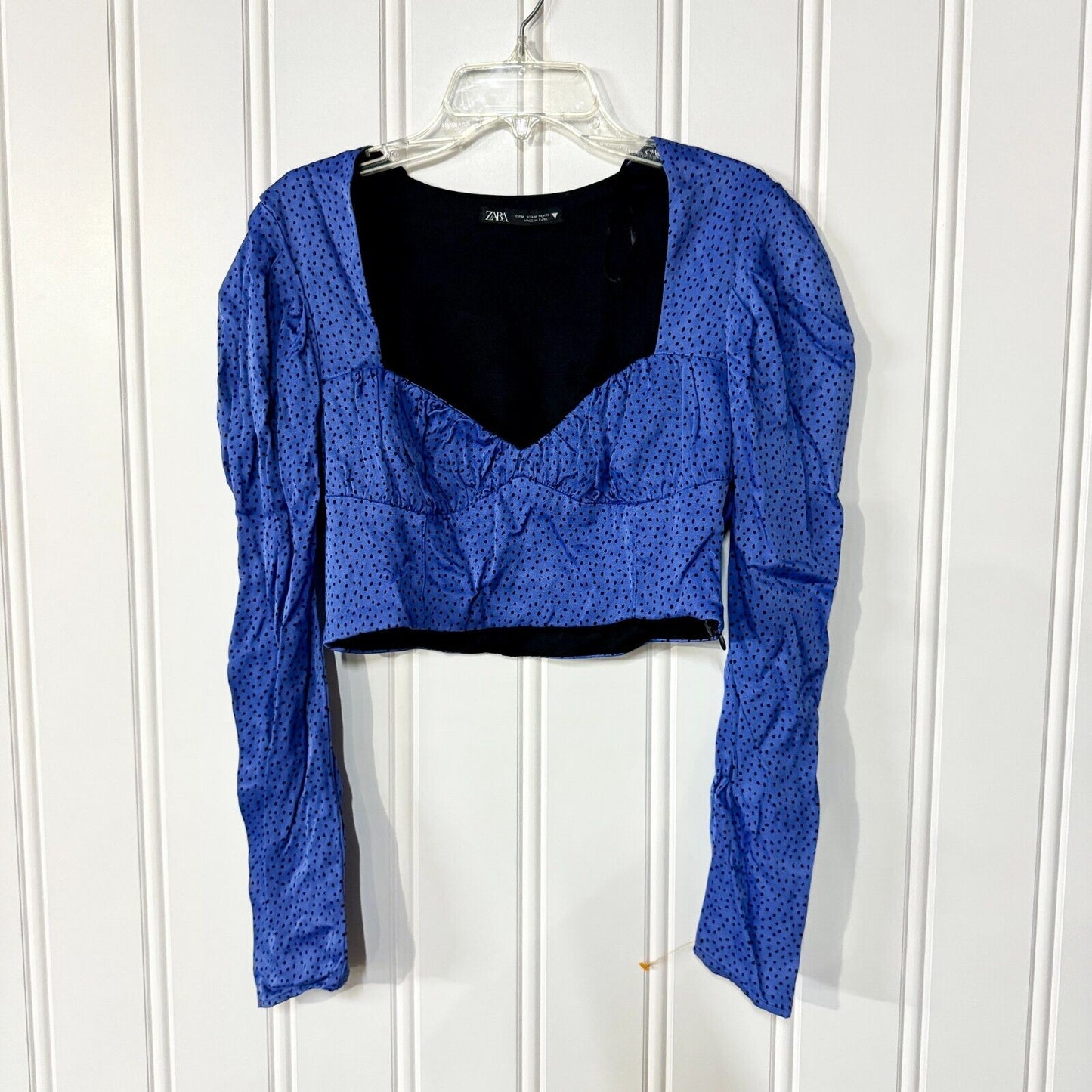 Zara Long Sleeve Sweetheart Blue Poka Dot Retro Crop Top Size Medium