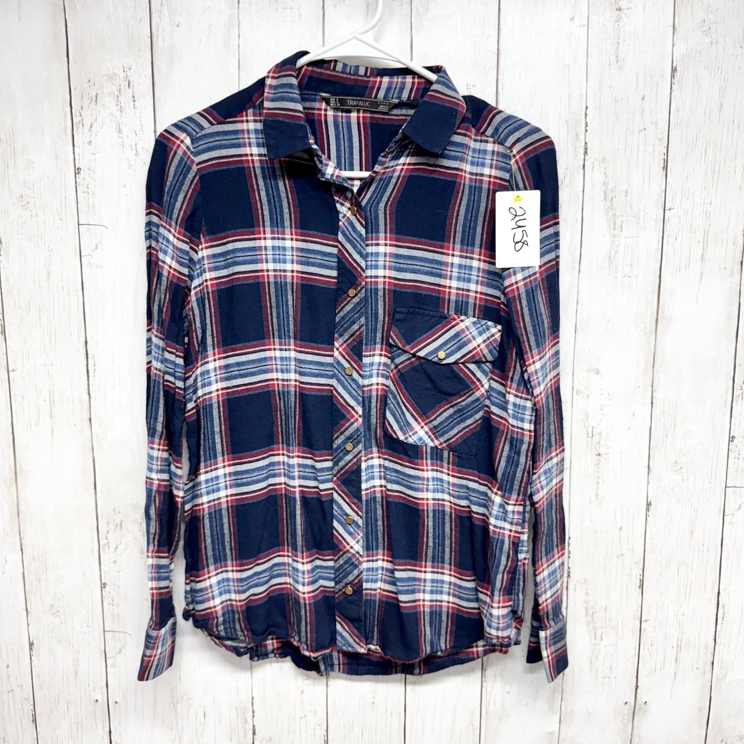 Zara Trafaluc Shirt Women Size Small Navy Plaid Collared Long Sleeve Button Down