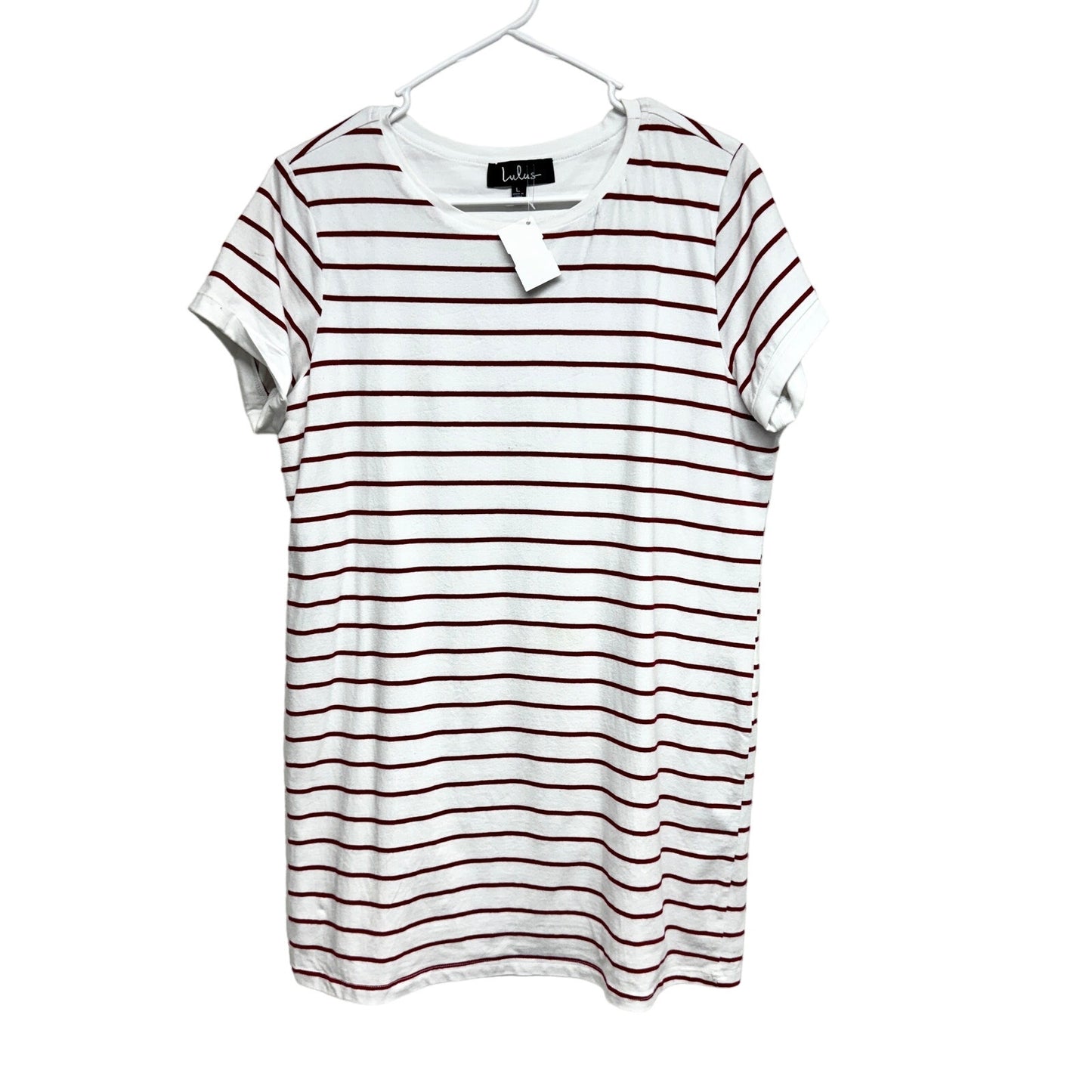 Lulus Women Cafe Society White and Red Short Sleeve Striped Shirt Dress Large