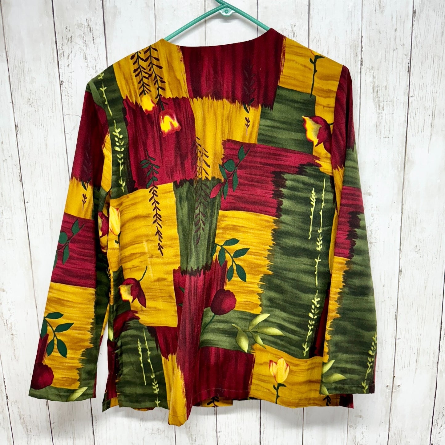 Vintage Elizabeth Williams Medium Multi Color Leaf Print Long Sleeve Tunic Top