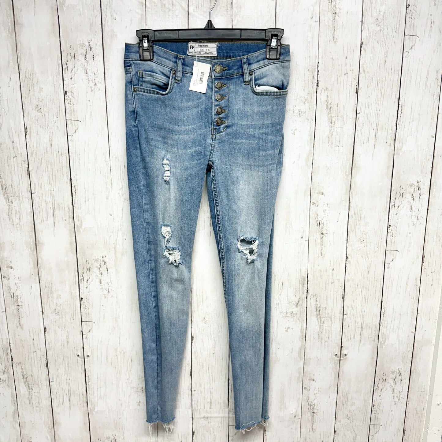 FREE PEOPLE Jeans Women Size 25 Ripped Fray Raw Hem Skinny Mid Rise 5 Button