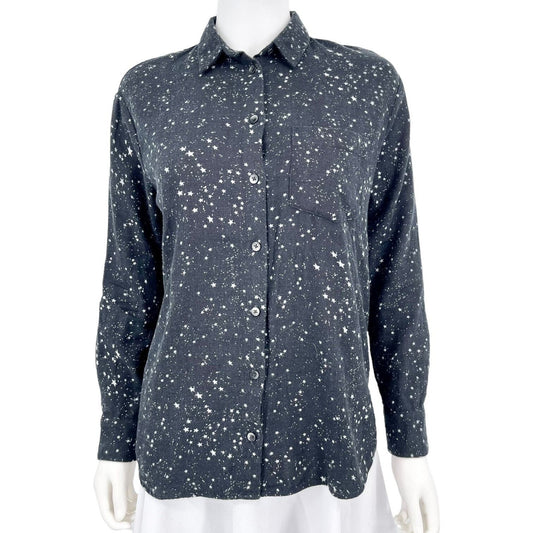 MADEWELL Button Up Shirt Women Size XS Oversized EX Boyfriend Black Star Print
