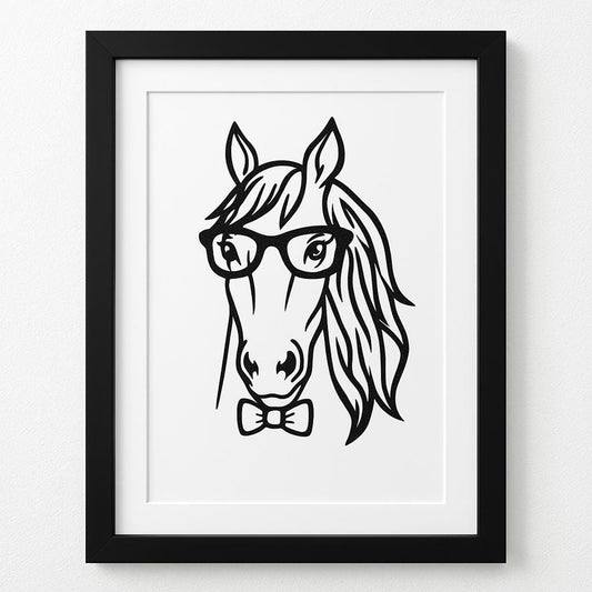 Quirky Horse Portrait – 3D Art Print in 8x10 Frame, Horse with Glasses and Bow Tie – Whimsical Wall Decor for Office or Living Room