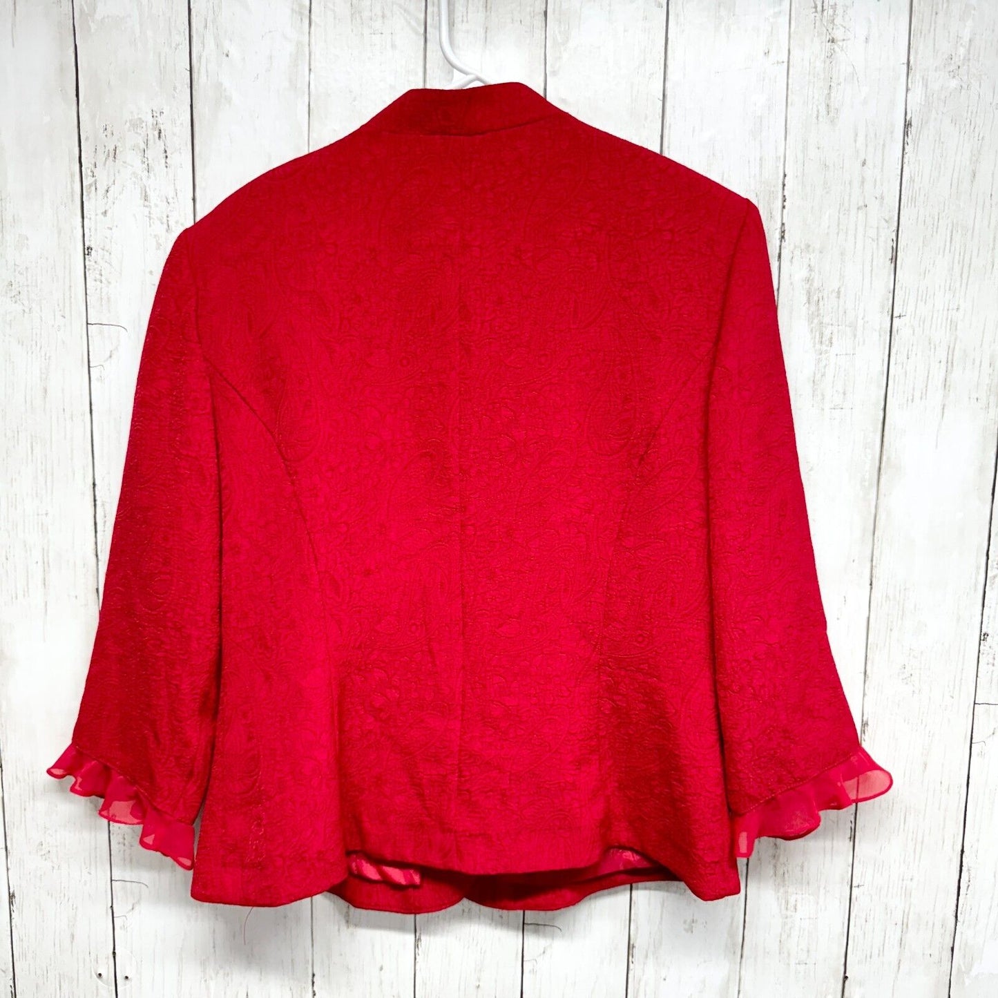 PLAZA SOUTH Blazer Women Size 10 Red Laced Trim Cuff Button Down Floral Padded