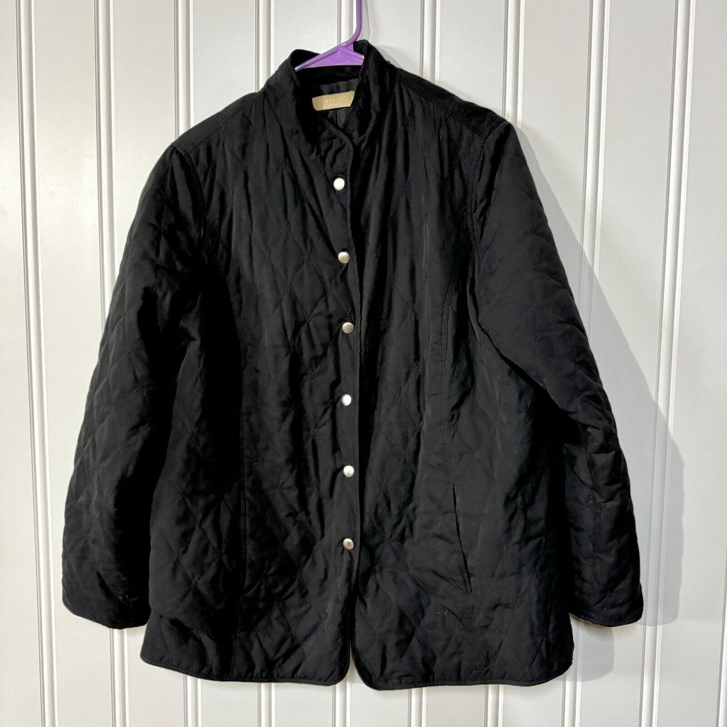 Kate Hill Jacket Button Down Quilted 100% Polyester Pocket Black Size L