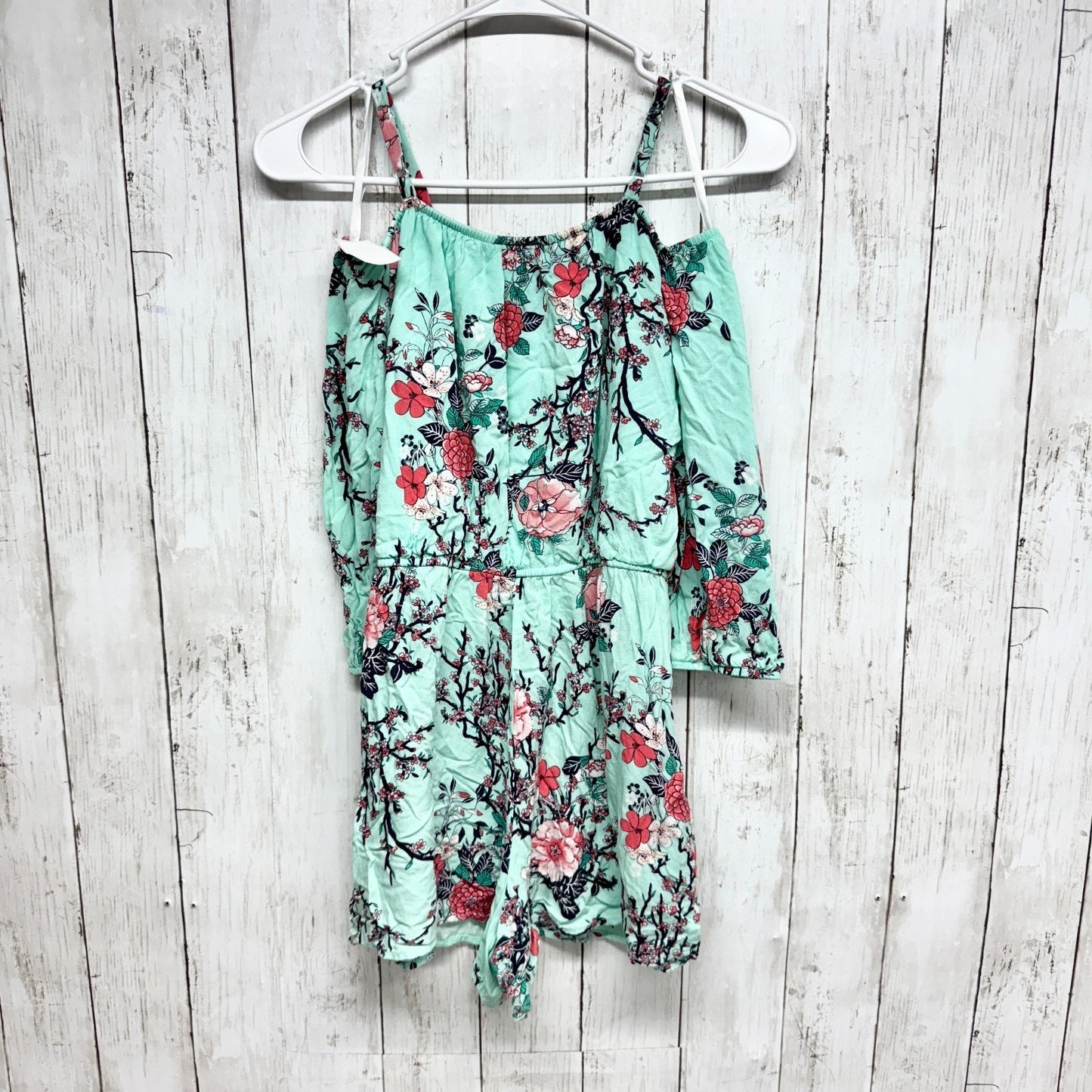 Ally B. Romper Women Size XL Off the Shoulder Long Sleeve Tie Waist Teal Floral