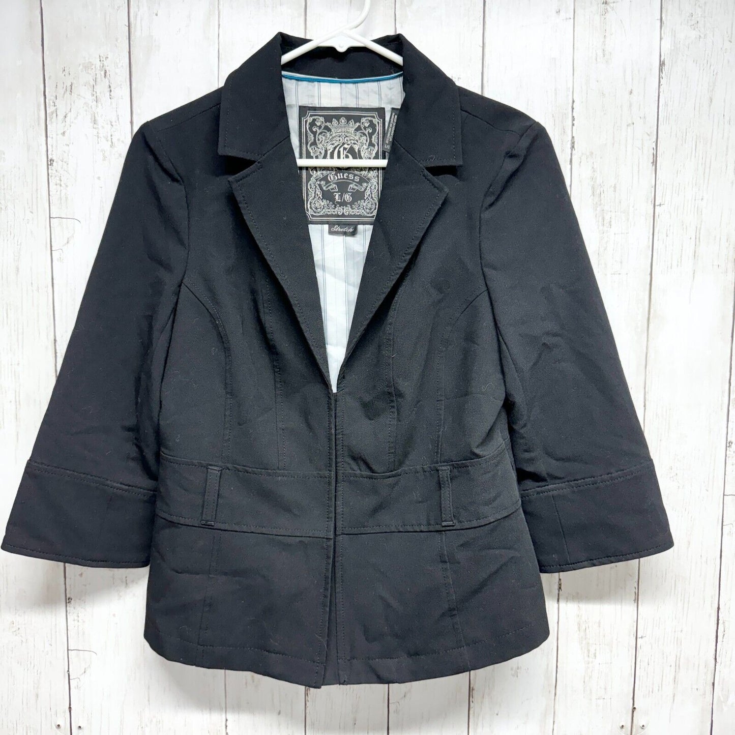 Guess Womens Blazer Size LG Black Stretch Button-Up Notched Collar Long Sleeve