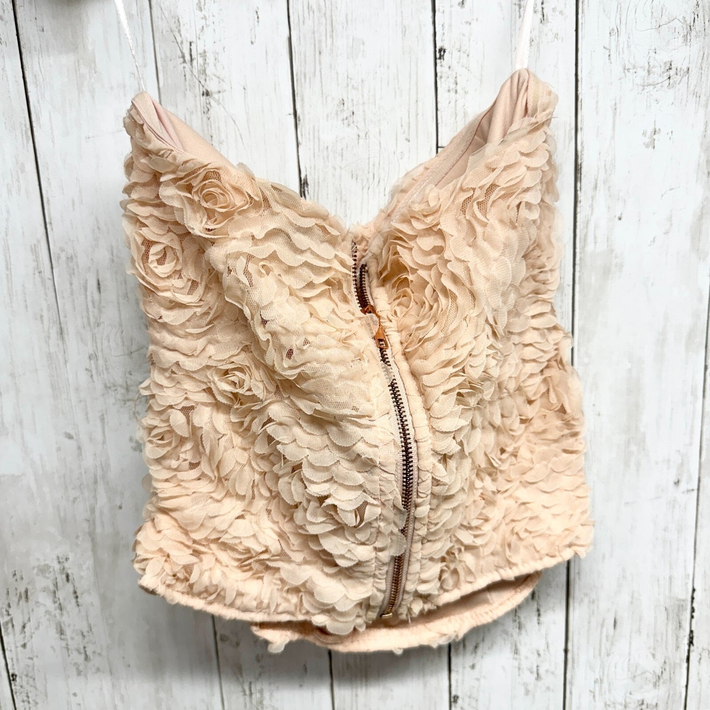 Rue 21 Top Women Size L Floral ruffled Corset Crop Top Ivory Pink Strapless