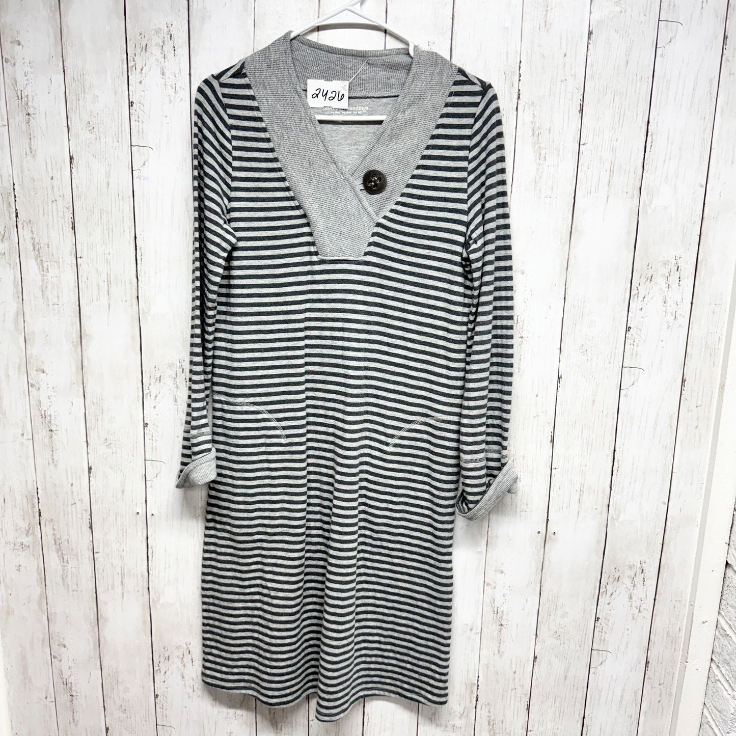 Soft Surroundings Dress Women Size XS Gray Black Stripe V-Neck Long Sleeve Midi