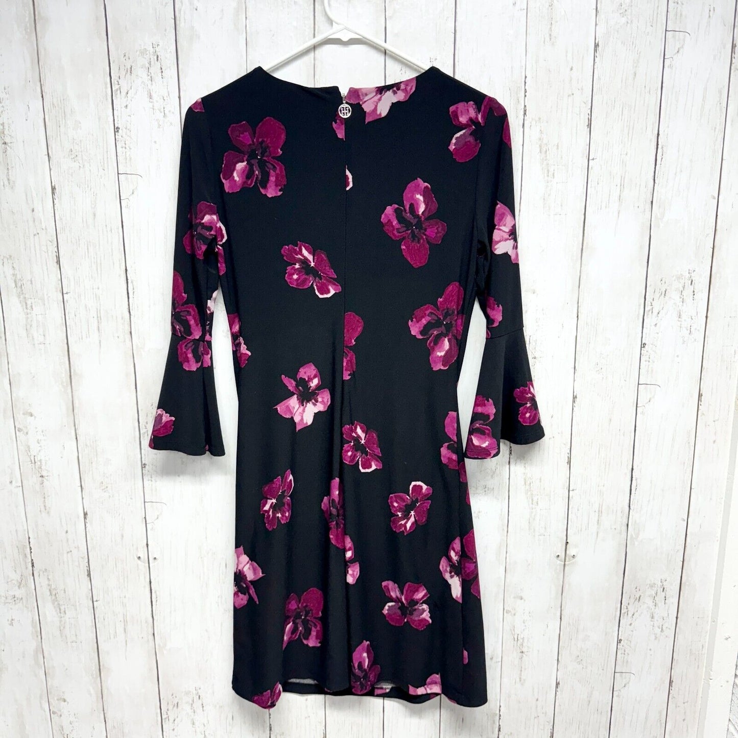 TOMMY HILFIGER Dress Size 2 Women Floral Printed Jersey Bell Sleeve Mini Black