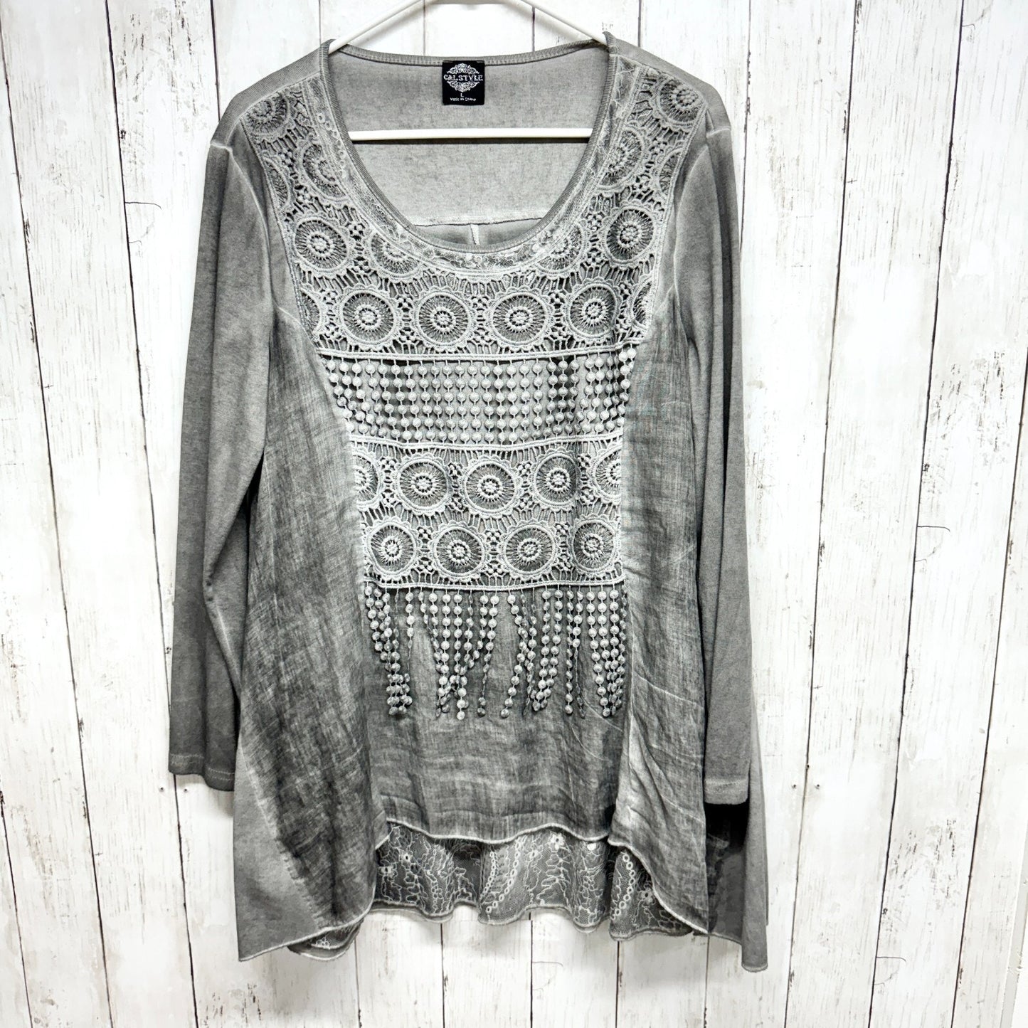 Cal Style Tunic Top Blouse Women Large Lagenlook Boho Gray Layered Crochet Boho