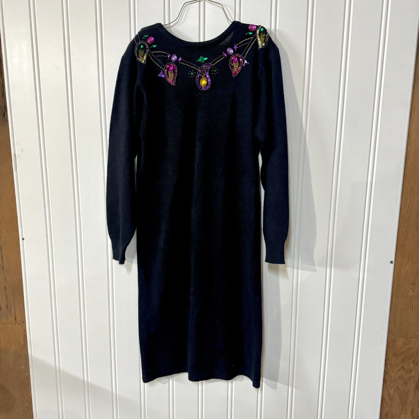 Vintage R&K Dress Women Size Medium Sweater Navy Blue Sequin Midi Long Sleeve