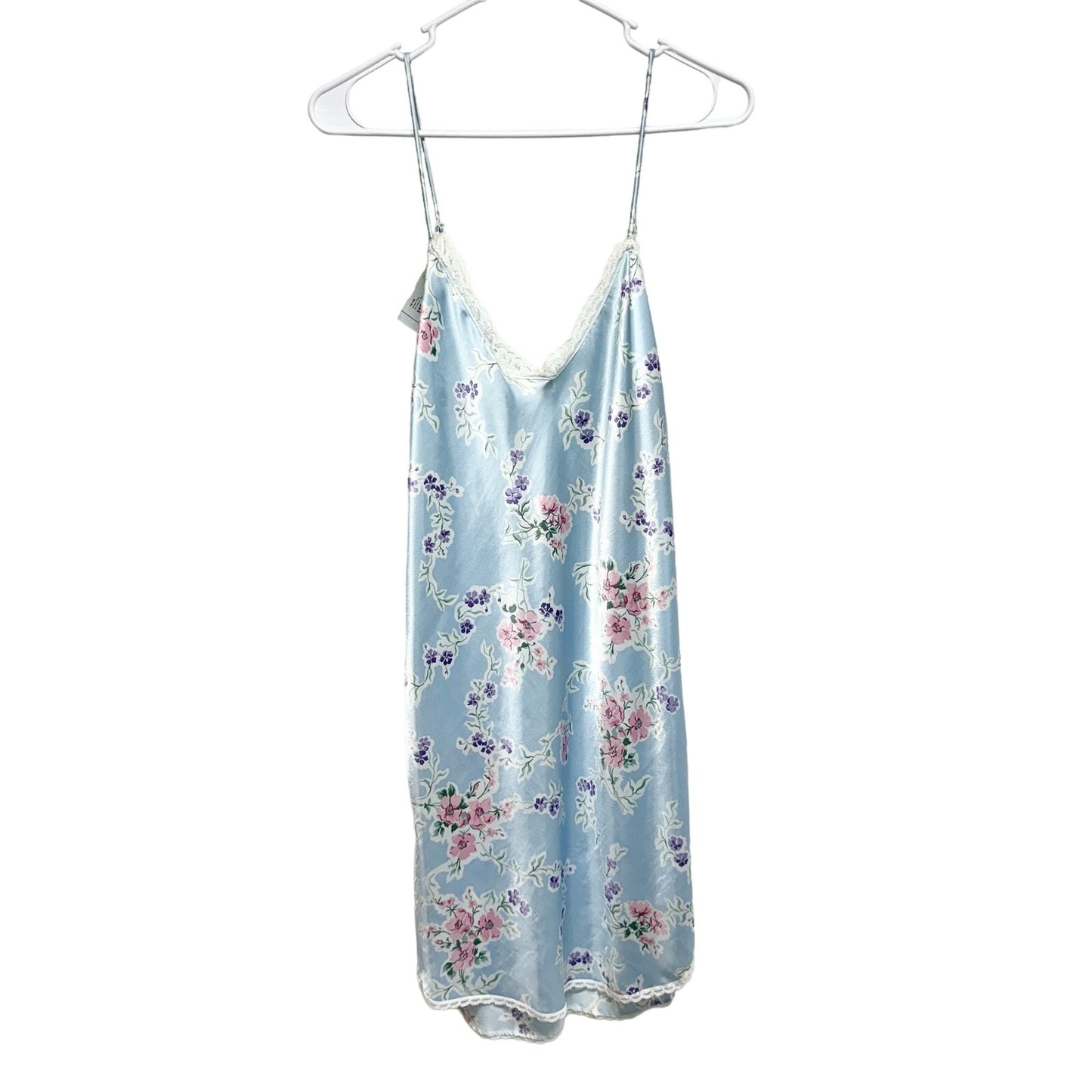 Vintage Barbizon Women Light Blue Floral Lace Slip Nightgown Mini Dress Medium