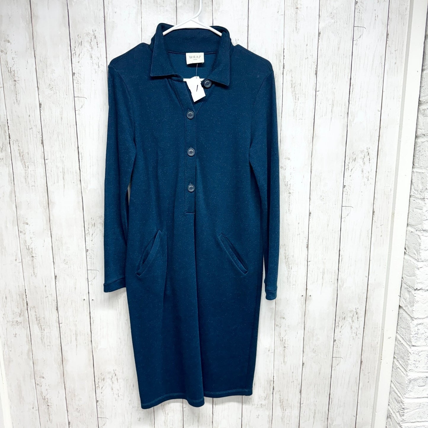Wrap London Dress Women Size M Half Button Sweatshirt Mini Pocket Petrol Blue