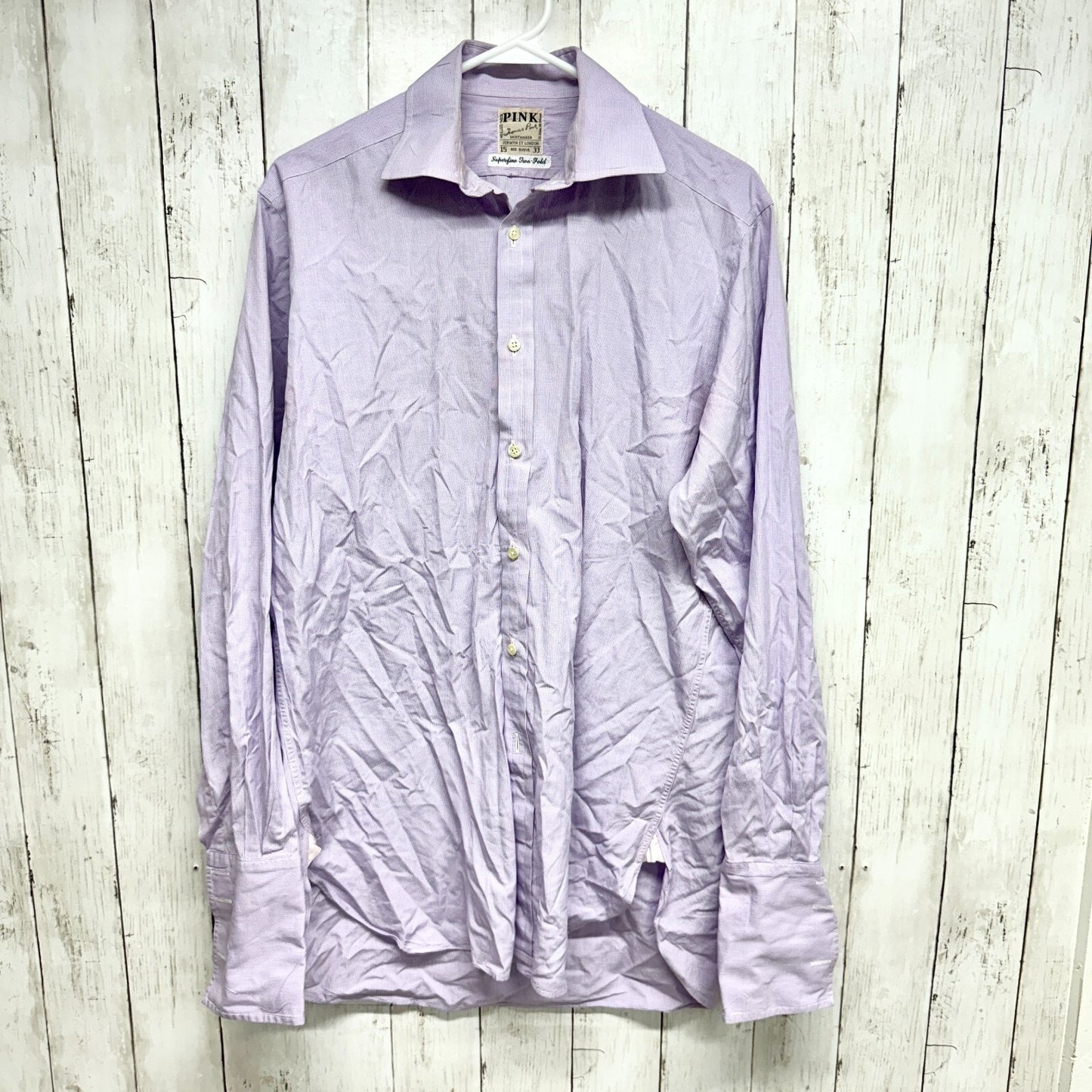 Thomas Pink Shirt Men Size 15 33 Plaid Collared Long Sleeve Cotton Button Down