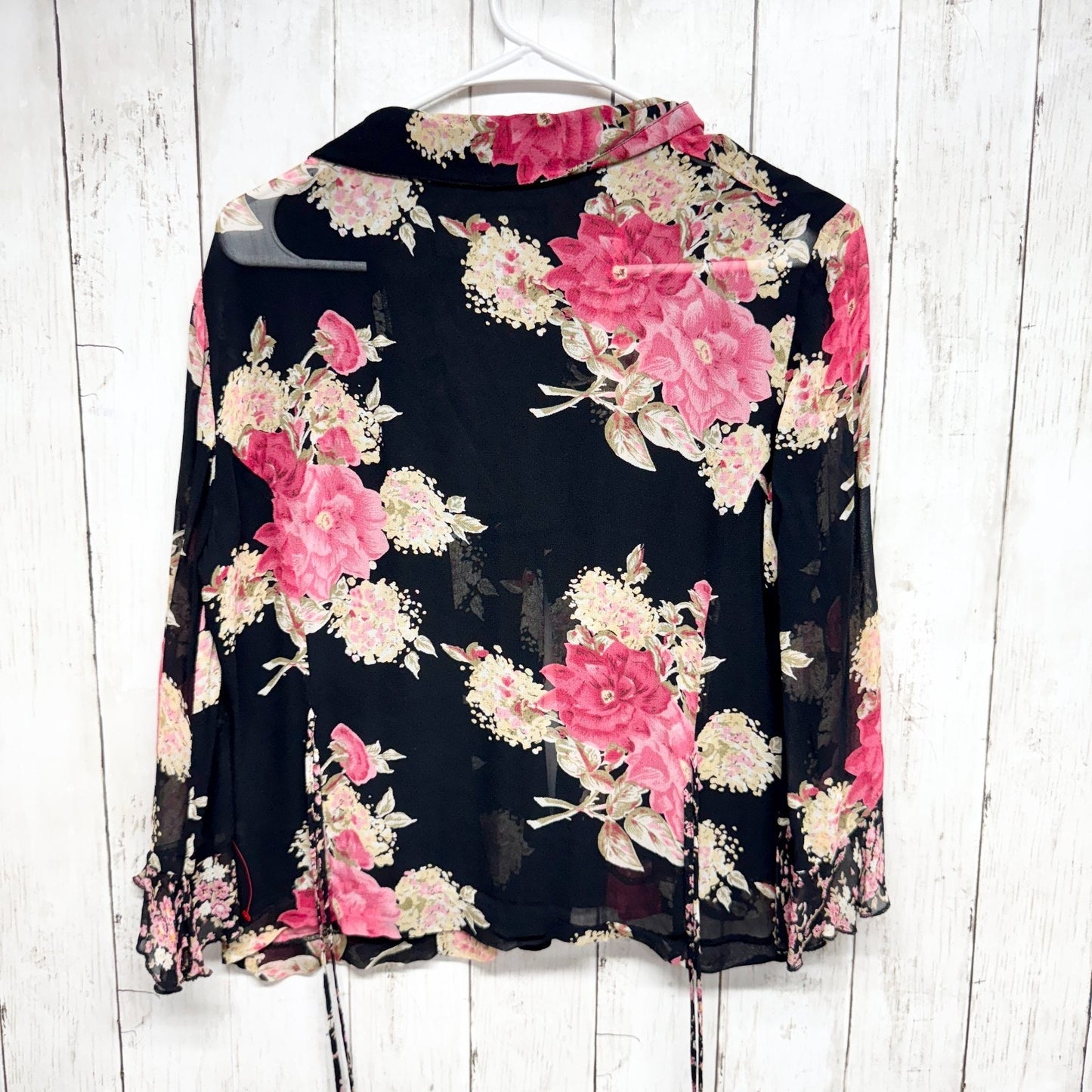 Vtg Requirements Blouse Women Size 8 Black Floral Sheer Long Sleeve Button Down