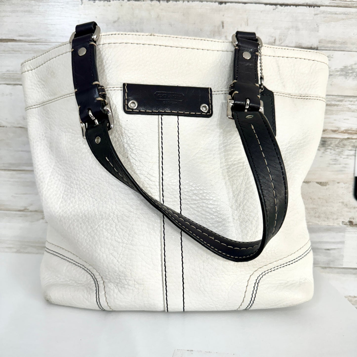 Coach Women Hamilton White Pebbled Leather Black Handled Bucket Tote