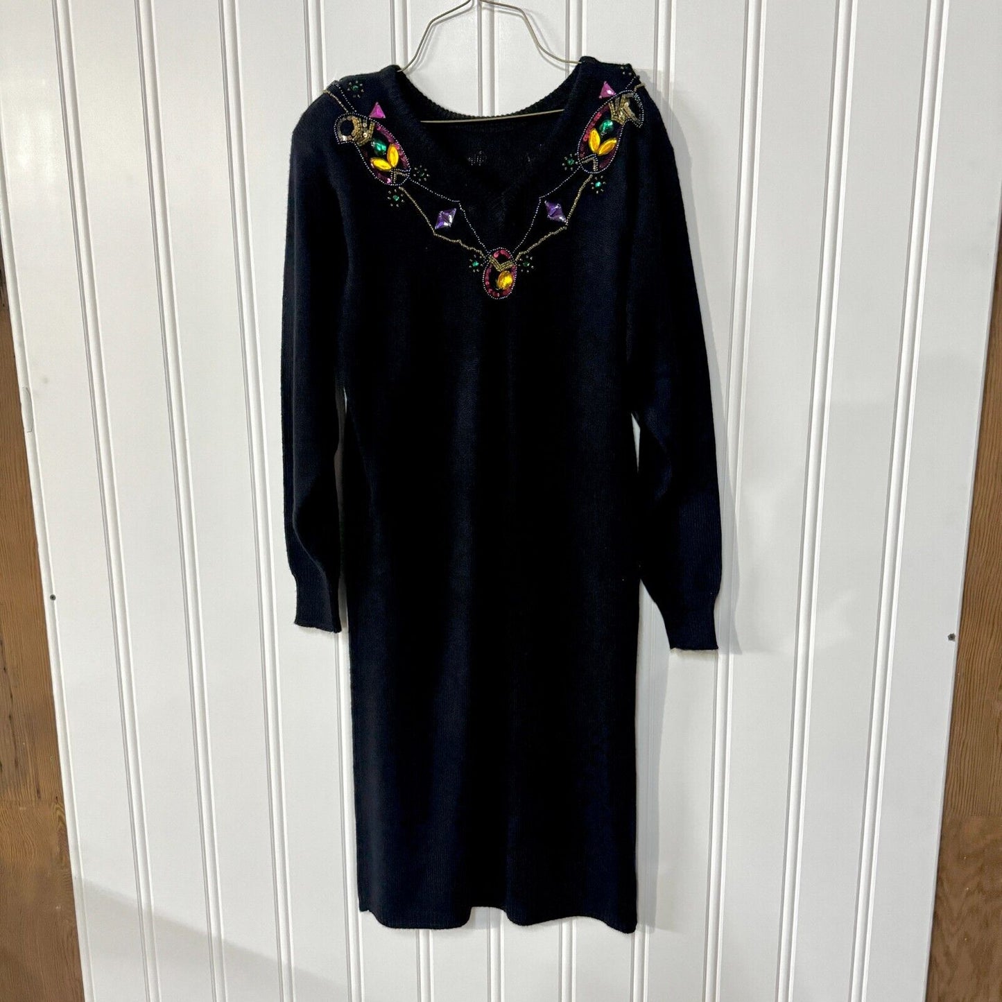 Vintage R&K Dress Women Size Medium Sweater Navy Blue Sequin Midi Long Sleeve