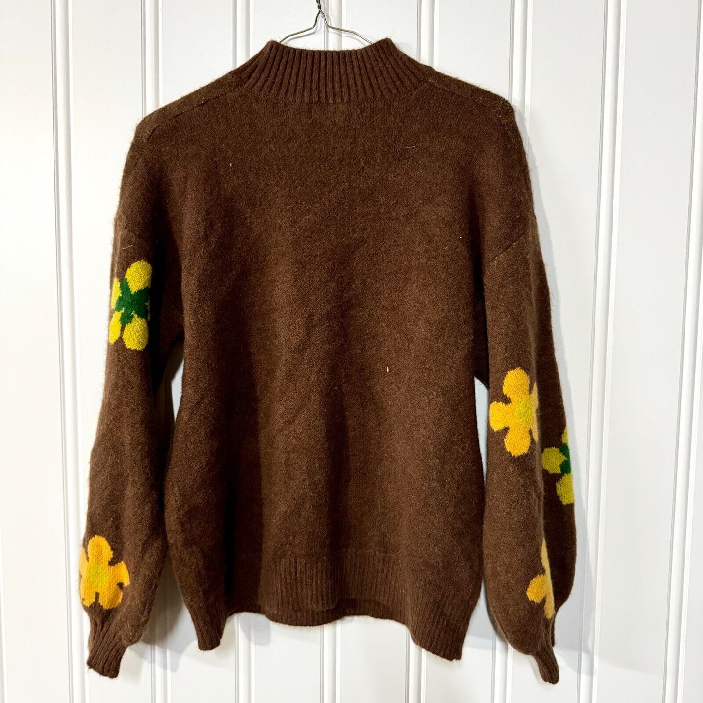 CIDER Sweater Women Size S Brown Knit Floral Long Sleeve Mock Neck Pullover