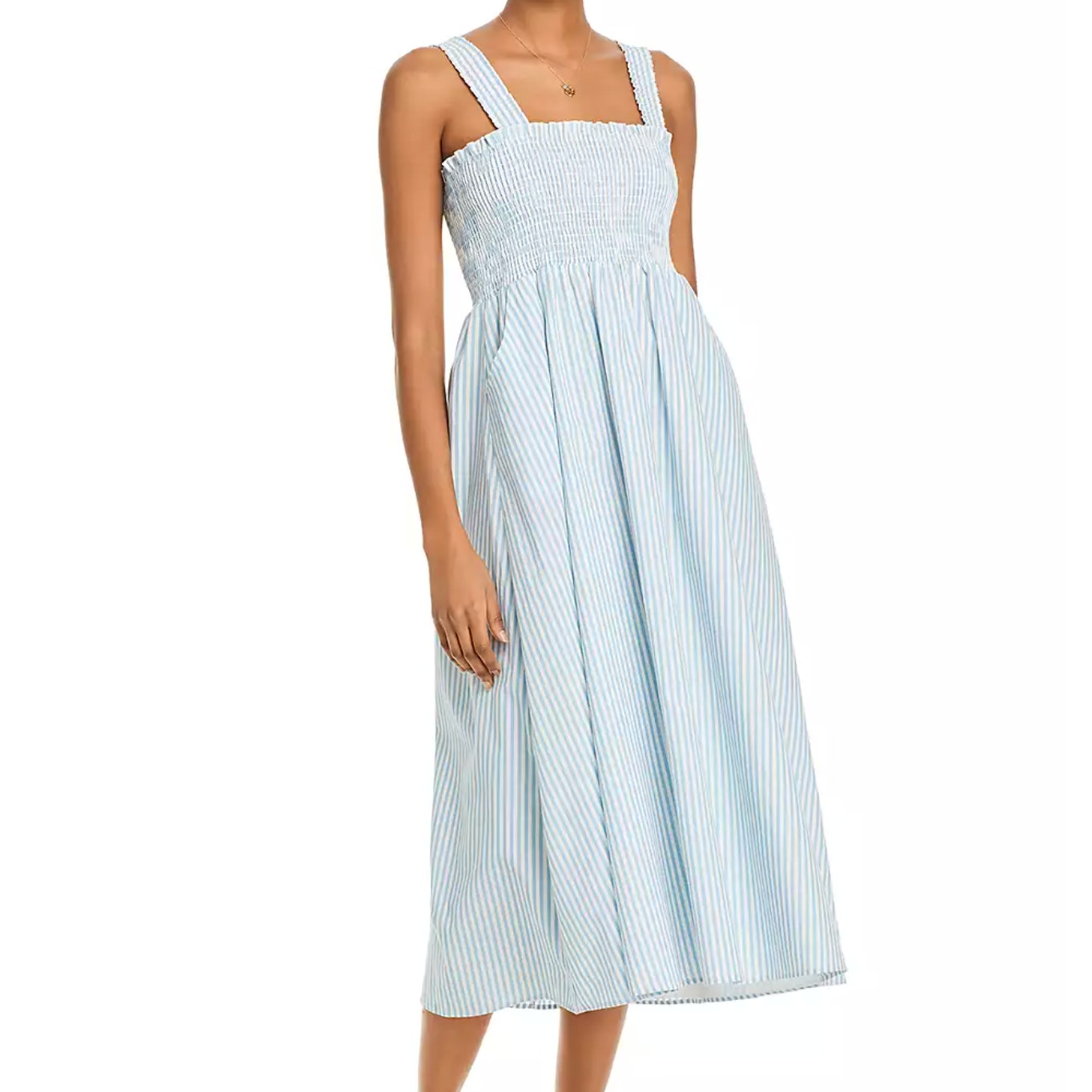 AQUA Women Striped Smocked Sleeveless Blue & White Ocean Midi Dress Small