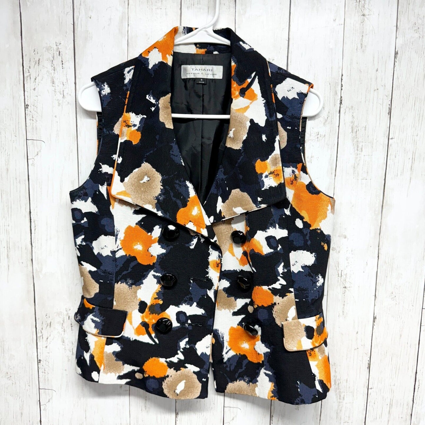 TAHARI Vest Women Size 6 Orange & Blue Button Down Sleeveless Abstract