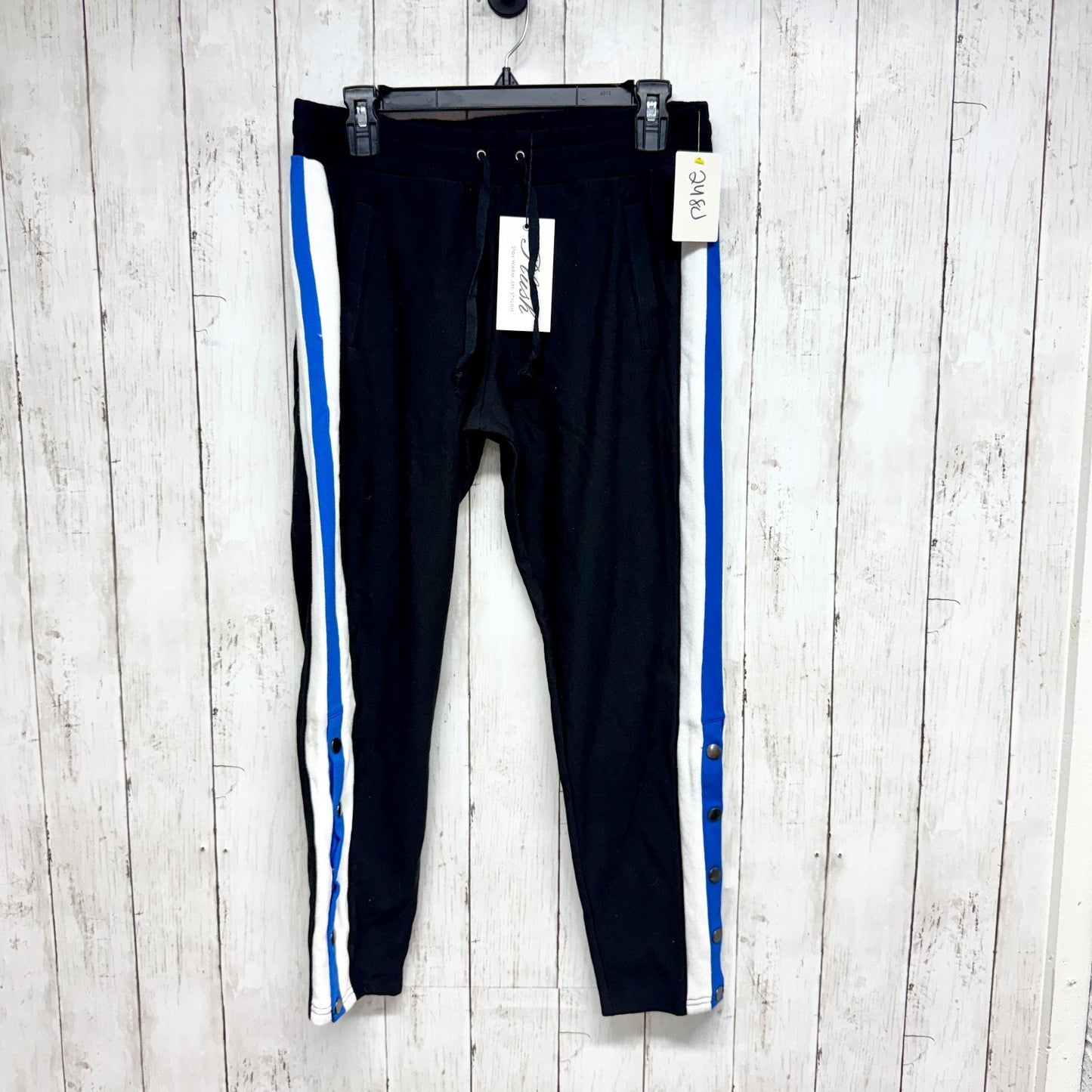 New Plush Pants Women Size Medium Navy Slim Snap Sides Joggers Drawstring Casual
