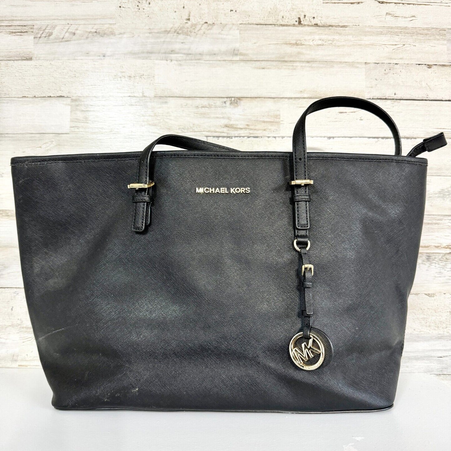 MICHAEL KORS Women Large Extra Slim Black Jet Setter Pebbled Leather Tote Bag