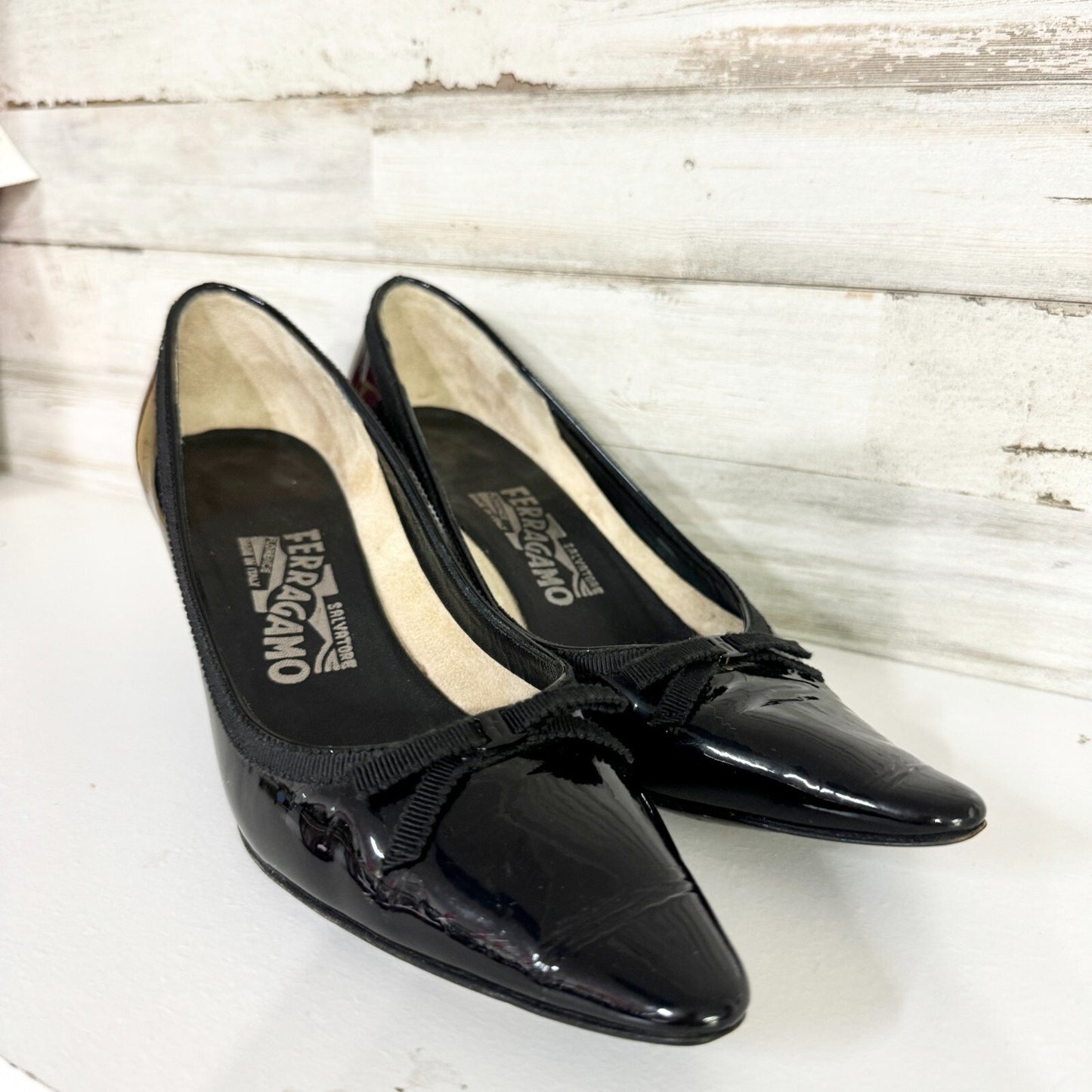 Salvatore Ferragamo Heels Women Size 6.5 Grace Black Nero Calf 2 1/2" Bow Stitch