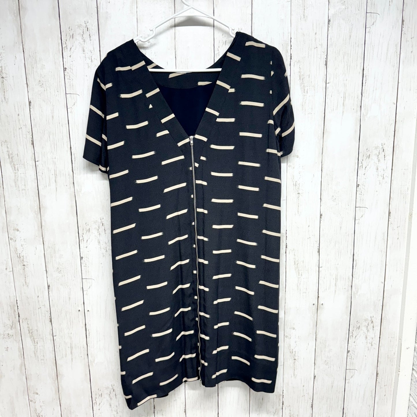 Madewell Dress Size 4 Navy Blue White Ikat Dash Short Sleeve Rear Zip Shift Mini