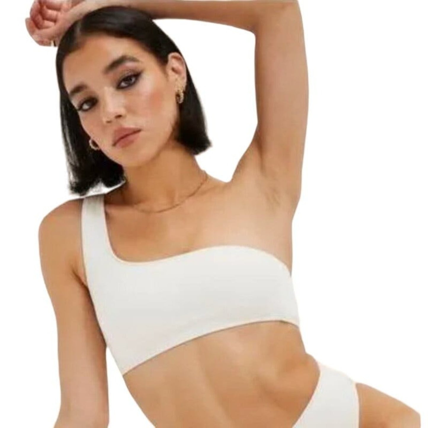 Good American Women Crinkle Hot Shoulder Swim Top In Ivory Size 3/4 L/XL