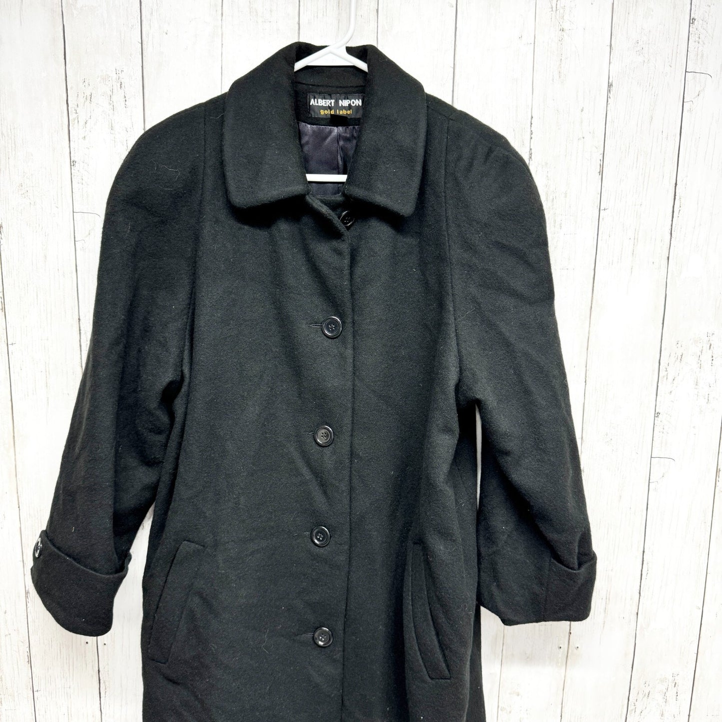 Albert Nipon Coat Women 10P Black Long Collared Button Down Peacoat Front Pocket