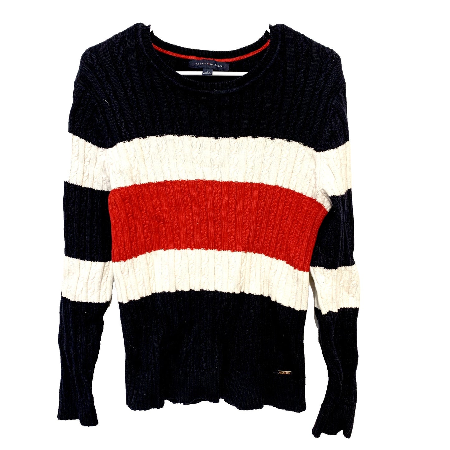 TOMMY HILFIGER Sweater Women Size L Cable Knit Striped Multi Colored Crewneck