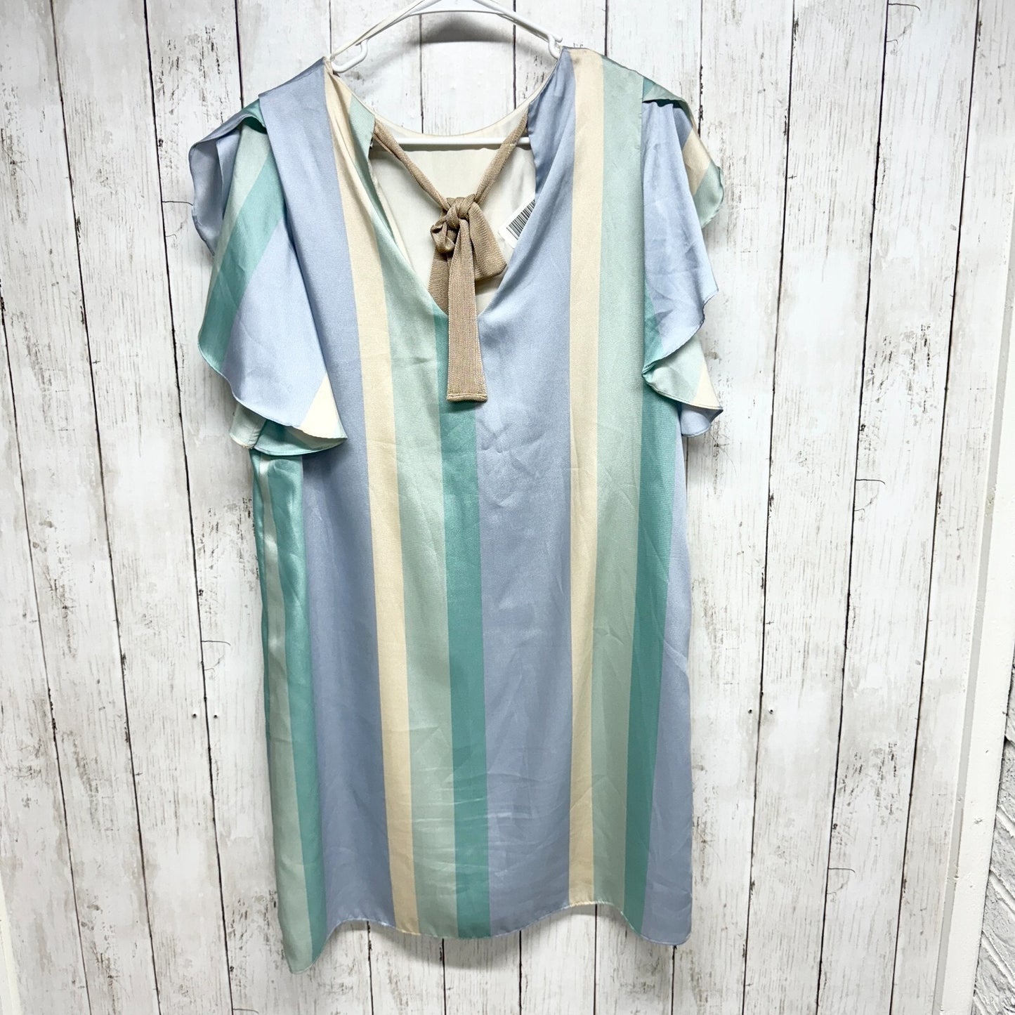 Mango Dress Women Size 8 Blue & Green Striped Shift Satin Finish Ruffled Sleeve