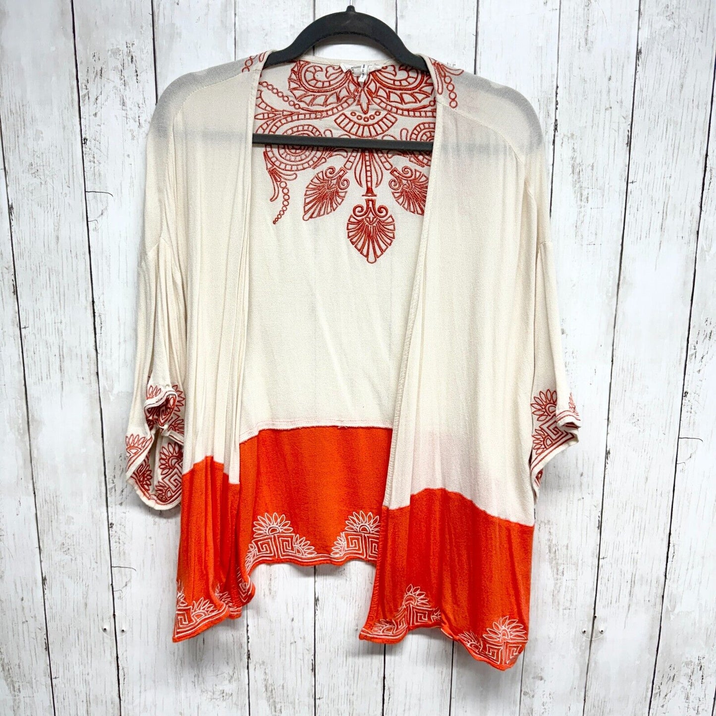 Soieblue Kimono Small Cream & Orange Embroidered Bohemian Duster Open Cardigan