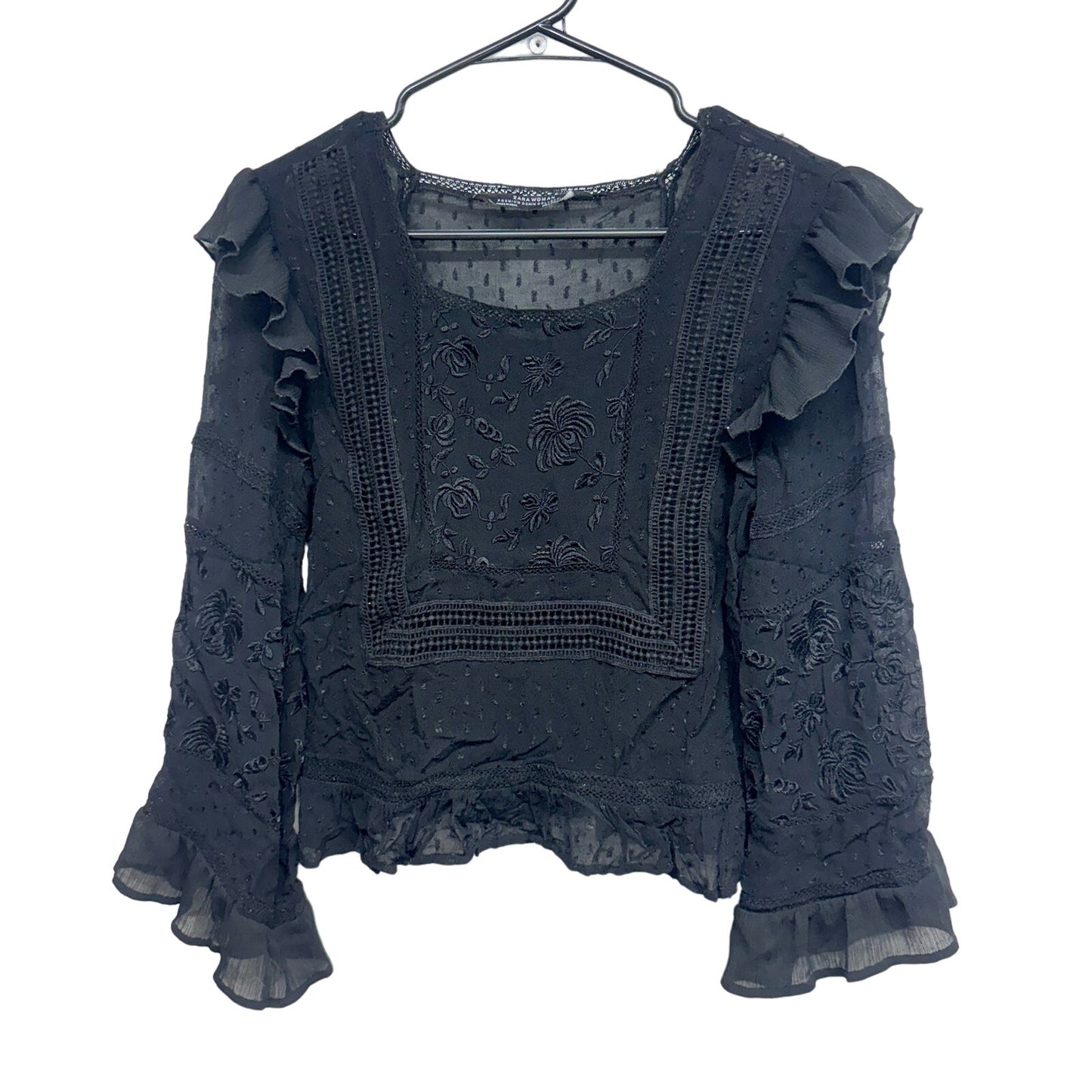 ZARA Women Black Ruffled Long Sleeve Boho Lace Sheer Top Size Small
